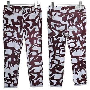 Marc Cain Cow Print Folded Hem Ankle Pants Burgundy White Cotton Stretch Medium